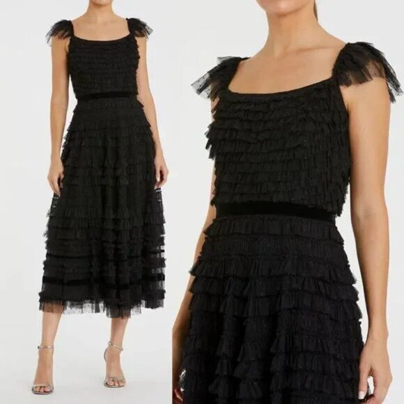 Mac Duggal 8054 Size 10 Black Ruffle Cap Sleeve Tiered Ruffled Tulle Midi Dress - Picture 1 of 4